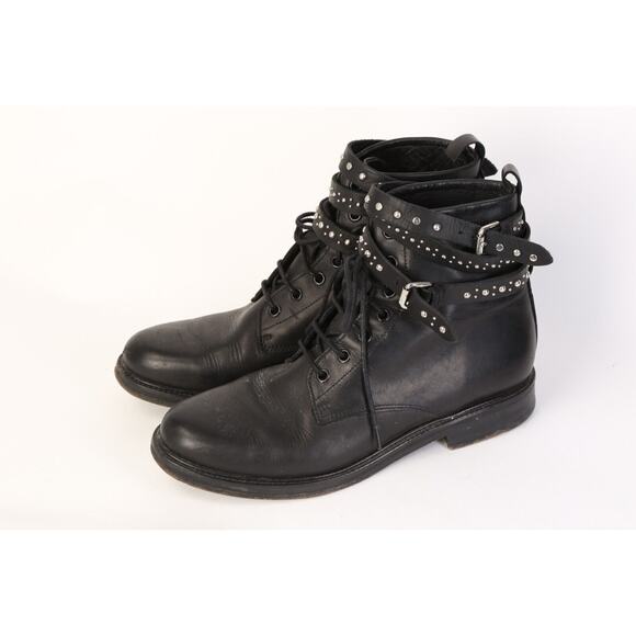 MAJE Black Leather Combat Moto Studded Lace Up Boots Booties Size 39 - Picture 7 of 13